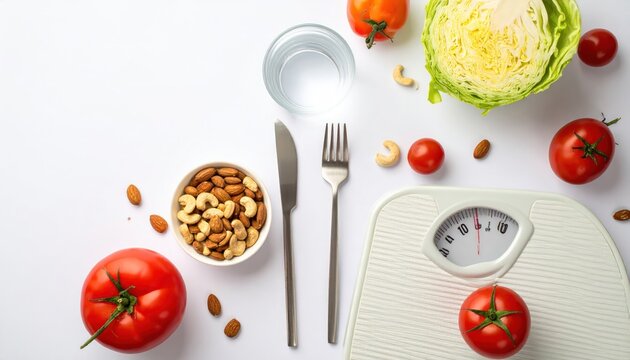 Healthy eating and weight management concept with fresh vegetables and nuts.