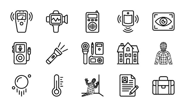 Ghost Hunting Equipment Icons, Paranormal Investigation Tools, EMF Meter, Spirit Box, Camera, Vector Set