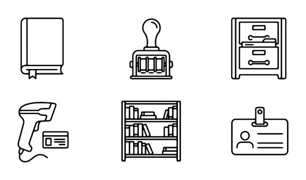 Office Icons Set: Book, Stamp, Filing Cabinet, Scanner, Bookshelf, ID Card, Vector Graphics