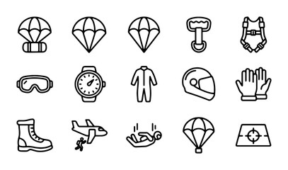 Skydiving Equipment Icons, Parachute Gear Vector Set, Extreme Sports Symbols, Adventure Accessories © Abdullah