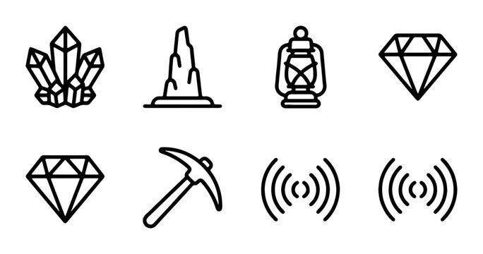 Mining Icons Set: Crystals, Lantern, Pickaxe, Diamond, Geology, Technology, Vector Graphics