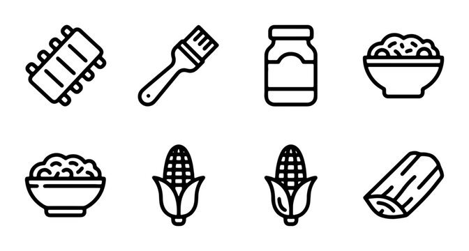 BBQ Ribs, Corn, Jar, Bowl Icons: Food, Cooking, Ingredients, Picnic Vector Set