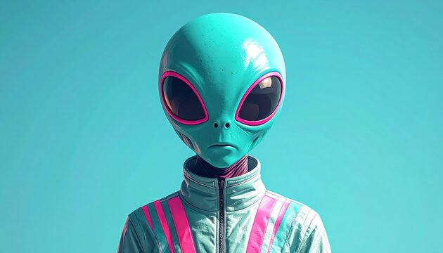 Intriguing Portrait of a Teal-Skinned Extraterrestrial with Pink Accents and a Blue Background.