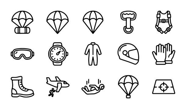Skydiving Equipment Icons, Parachute Gear Vector Set, Extreme Sports Symbols, Adventure Accessories