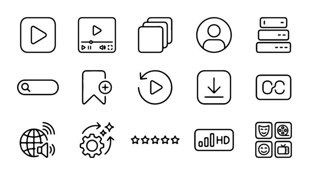 Vector Icons: Play Button, User Profile, Search, Download, Settings, HD, Media Player
