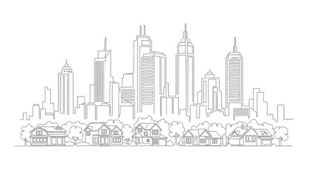 Obraz premium City skyline with houses, minimalist line art, continuous line