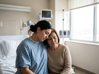 Fototapeta premium Daughter Comforting Mother In Hospital Bed During Recovery.