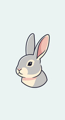 Obraz premium Cute cartoon rabbit portrait, simple illustration, grey bunny head, isolated on light blue background