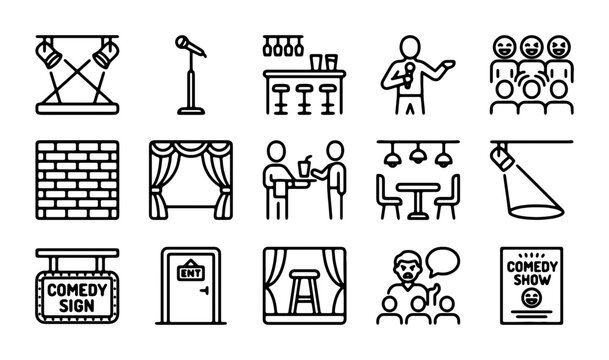 Comedy Show Icons, Stand-Up Performance Elements, Stage Lighting, Audience, Bar Scene, Vector Graphics