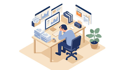 Fototapeta premium Stressed Businessman Overwhelmed by Heavy Workload and Deadlines in Isometric Office Illustration