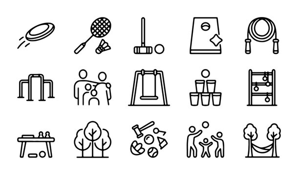 Outdoor Recreation Icons Set: Sports, Games, and Leisure Activities Vector Graphics