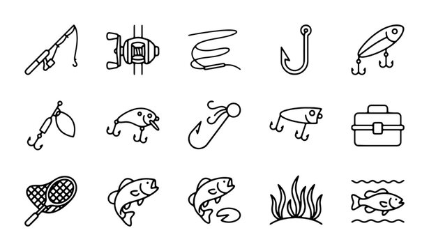 Fishing Icons Set: Rod, Reel, Lures, Hooks, Net, Tackle Box, Fish, Aquatic Plants