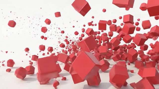 Many small red cubes floating in a bright white empty space
