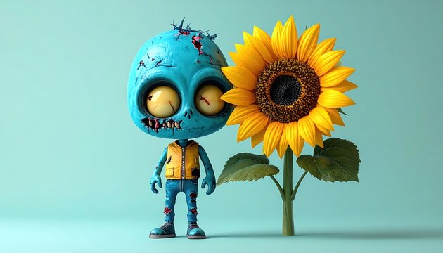 Whimsical Zombie Character Beside a Vibrant Sunflower on a Pastel Background.