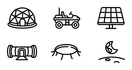 Space Exploration Icons: Rover, Solar Panel, Habitat, Moon, Planet, Dome, Vector Set © Sifat
