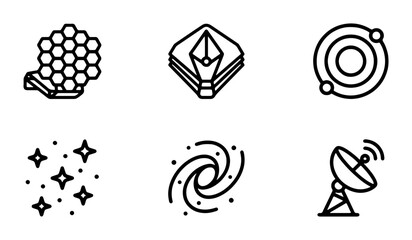 Space and Science Icons: Astronomy, Galaxy, Stars, Satellite Dish, Honeycomb, Ethereum © Ajadul