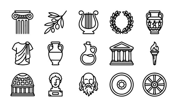 Ancient Greek Icons Set: Columns, Lyre, Laurel Wreath, Amphora, Toga, Temple, Torch, Bust, Wheel