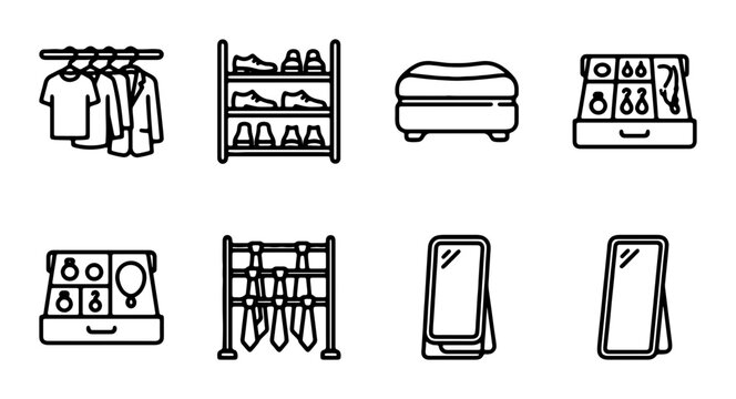 Wardrobe Organization Icons: Clothing Rack, Shoe Shelf, Jewelry Box, Tie Holder, Mirror