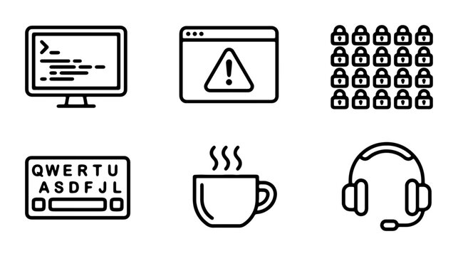 Cybersecurity Icons: Computer Code, Warning Browser, Lock Grid, Keyboard, Hot Coffee, Headset