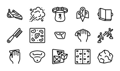 Climbing Gear Icons Set, Bouldering Equipment Vector Graphics, Rock Climbing Accessories Collection © Nime