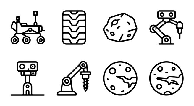 Space Exploration Icons: Rover, Robot Arm, Asteroid, Planet, Tire, 8 Vector Elements