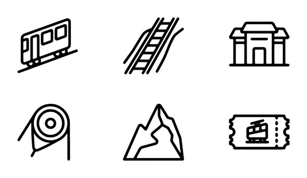 Funicular Railway Icons: Train, Tracks, Station, Cable Car, Mountain, Ticket Set