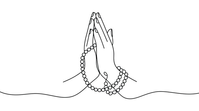 Minimalist line art of praying hands with beaded bracelet on wavy ground