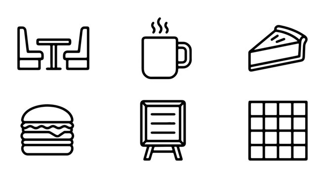 Cafe Icons Set, Restaurant Symbols, Food & Drink Graphics, Menu Board, Table, Burger, Pie