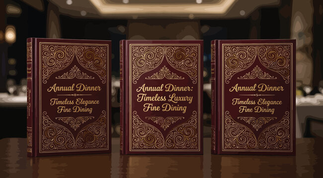 Three vintage style books with ornate gold covers for an annual dinner event