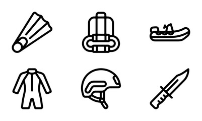 Dive Gear Icons Set: Scuba Fins, Backpack, Boat, Wetsuit, Helmet, Knife Vector Graphics © Sabbir