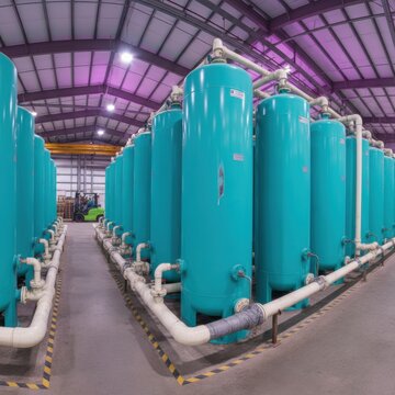 Turquoise industrial processing tanks stand in parallel rows within a water treatment facility for utility management, manufacturing infrastructure and factory logistics