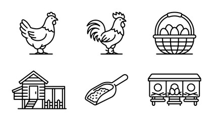 Farm Animal Icons: Rooster, Hen, Chicken Coop, Egg Basket, Feed Scoop, Nesting Boxes, Vector Graphics for Agriculture and Poultry Concepts © Kawsar