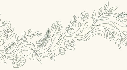 Seamless floral border with tropical leaves and flowers line art © S.Siam