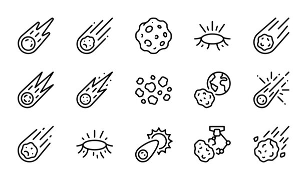 Meteorite Icons Set, Space Objects Vector Graphics, Cosmic Phenomena Line Art, Astronomy Symbols Collection