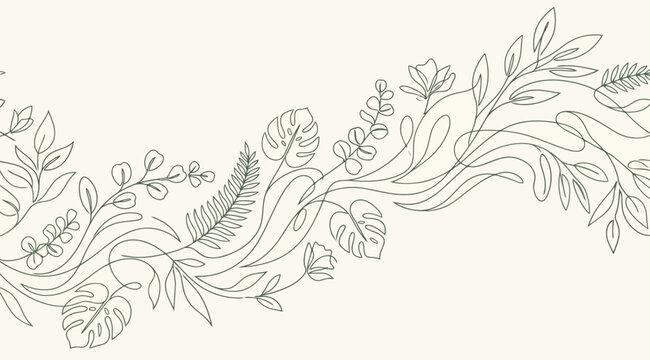 Seamless floral border with tropical leaves and flowers line art