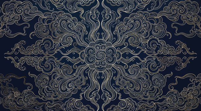 Seamless pattern with traditional chinese cloud motifs in white on a dark blue background