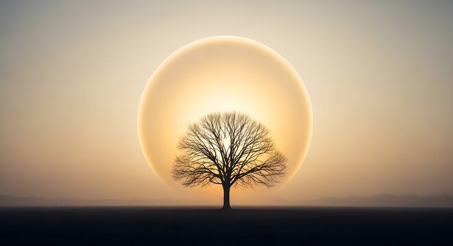 Majestic lone bare tree standing on flat horizon, perfectly centered within giant soft glowing sun ring in warm beige sky. Surreal serene nature concept
