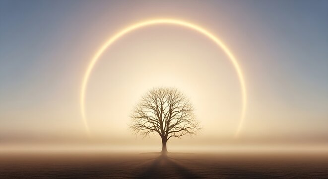 Majestic lone bare tree standing at horizon, framed by huge luminous golden ring in soft warm gradient sky. Surreal serene nature concept
