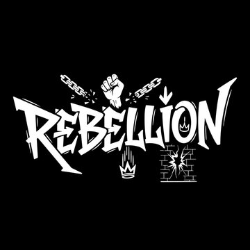Rebellion graffiti style text logo symbol.