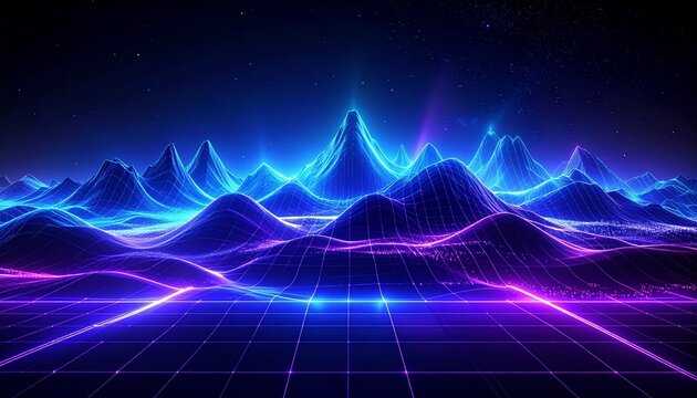 A neon 3D grid with blue‑purple glowing wave patterns rises and falls across a dark background, symbolizing futuristic data, sound, and mathematical visualization.