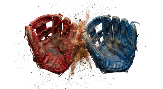 Red and blue baseball gloves colliding with splashes