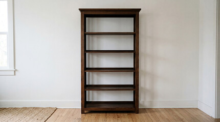Fototapeta premium A tall, dark brown wooden bookshelf stands against a white wall in a room with a window and hardwood floor.