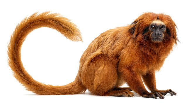 Golden Lion Tamarin Monkey Isolated on White Background, a Small Primate with Bright Orange Fur and Long Tail