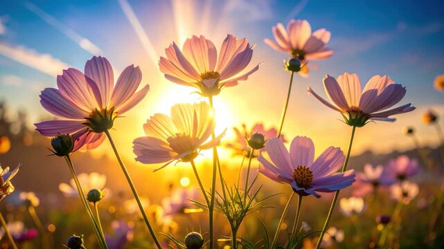 Blooming cosmos flowers bask in the golden light of the setting sun