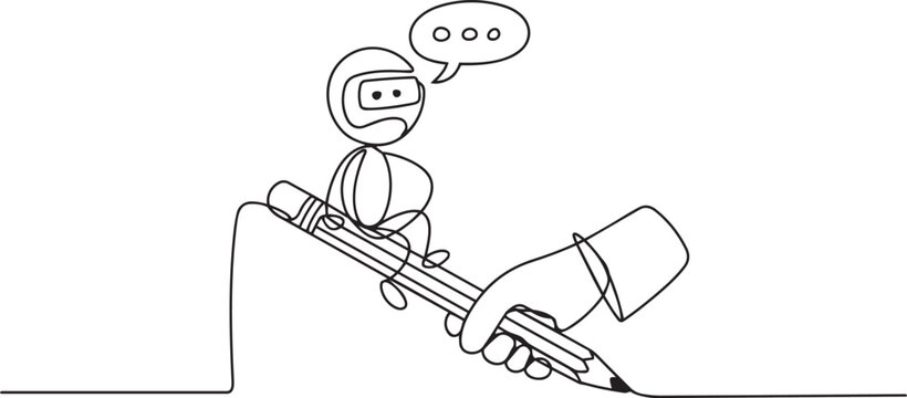 A robot sitting on a giant pen being held by a hand
