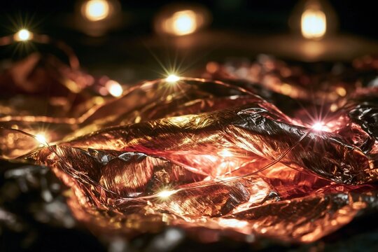 Crinkled rose gold metallic foil reflecting warm fairy lights provides a shimmering background for luxury product packaging, holiday branding and elegant website hero banners