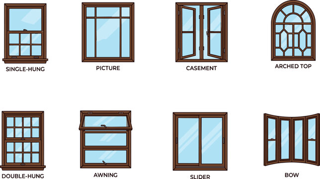 Window Types Icon Set with Single Hung, Picture, Casement, Arched, Double Hung, Awning, Slider and Bow Designs
