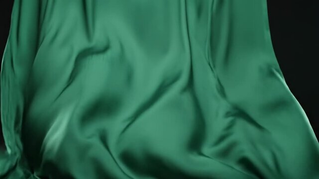 Flowing emerald green silk fabric in soft light with gentle folds and ripples, elegant drapery for luxury or fashion concepts