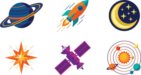 Colorful Flat Space and Astronomy Icon Set Featuring Ringed Planet Rocket Launch Crescent Moon Shining Star Satellite and Solar System Orbit Illustrations © MdMostakin