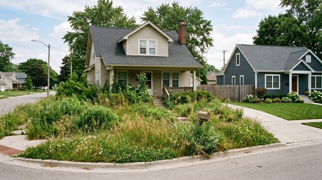 Overgrown Front Yard at Elderly Home Showing Property Neglect in Residential Neighborhood